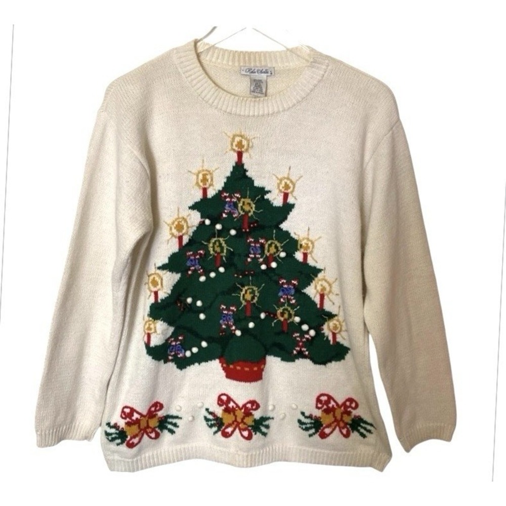 Vintage Robin Sinkler Christmas Tree Sweater Women's L Ramie Cotton Beaded 90s